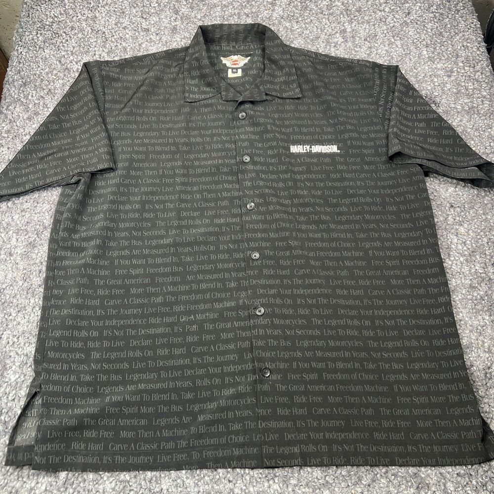 Vintage Harley Davidson Motorcycle Shirt Mens XL Black All Over Print Button Up